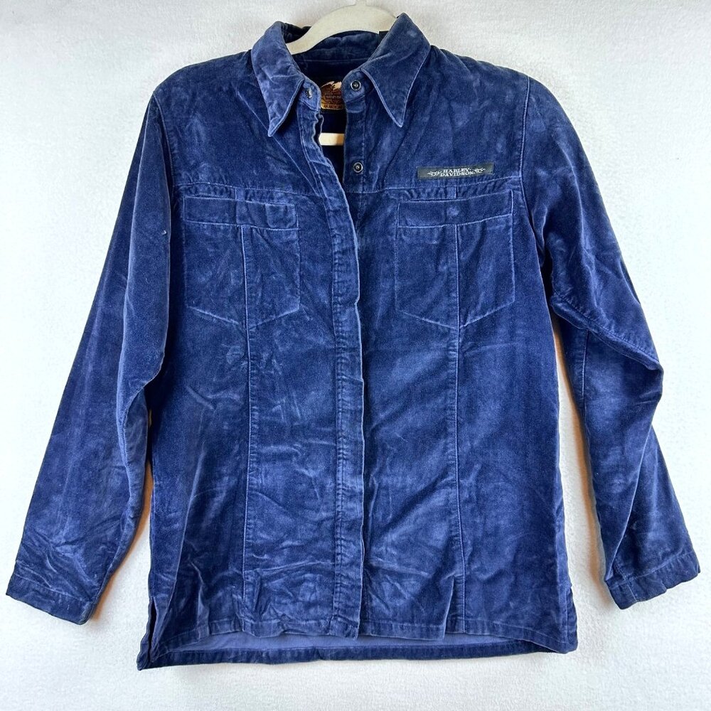 Vintage Harley Davidson Velvet Button Shirt Womens XS Pin Up Rockabilly FLAWED